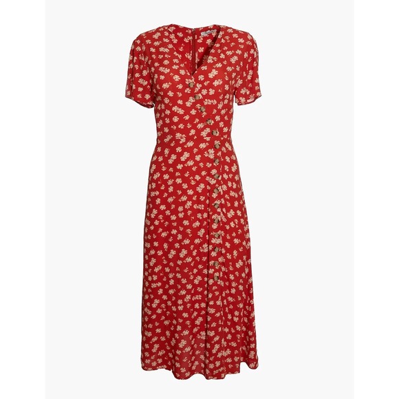 Madewell Dresses & Skirts - Madewell Floral Dress Button Wrap V-neck Short Sleeve WMNS 6 Red/White Midi Slit